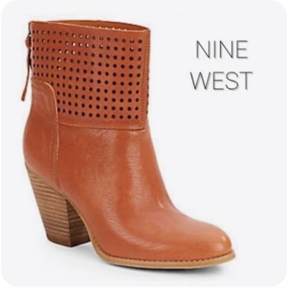Nine West Cognac Perforated Leather Ankle Booties Size 8